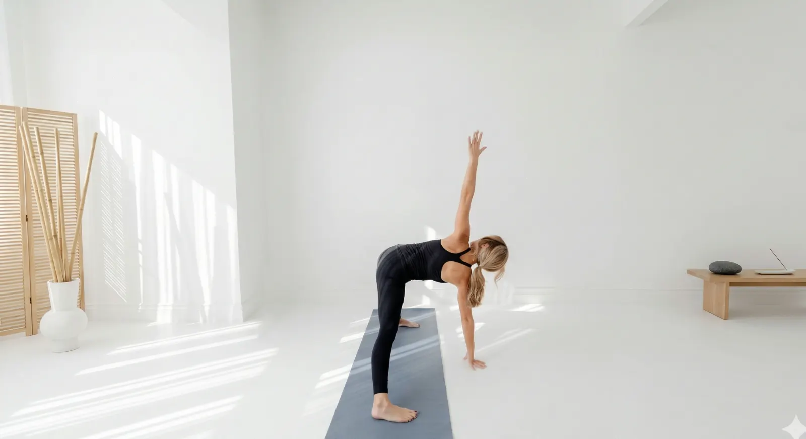 Triangle pose in a bright, sun-filled yoga studio at Sumit's Hot Yoga KC